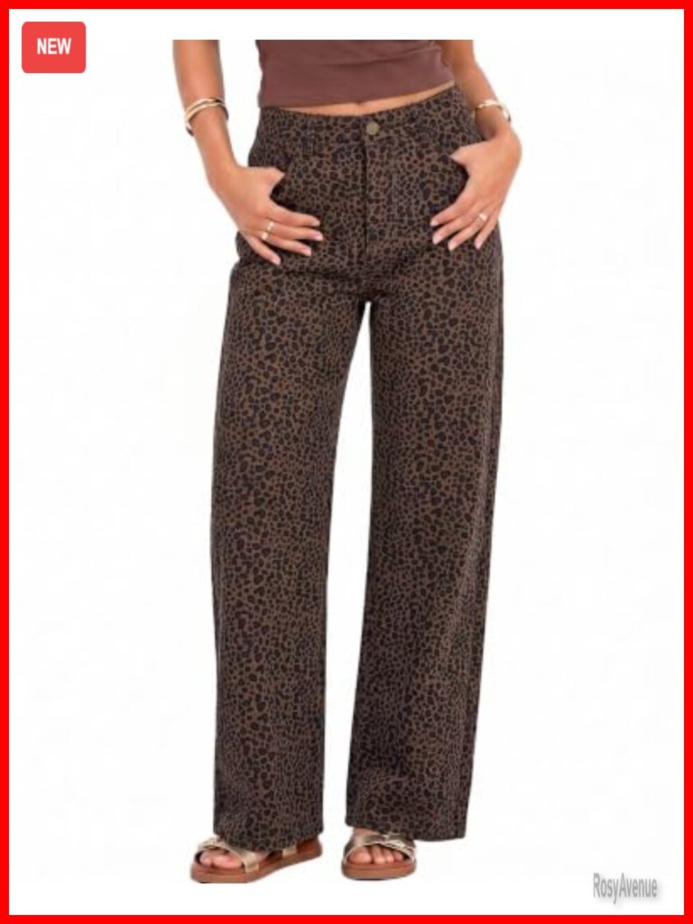 Womens High Waist Wide Leg Leopard Print Baggy Jeans Stretch Denim Pants